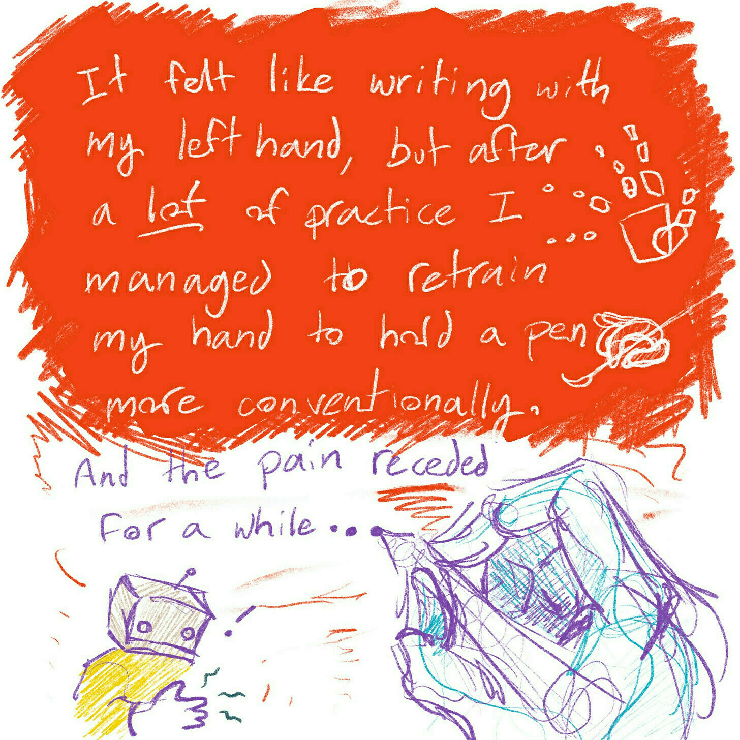 It felt like writing with my left hand, but after a lot of practice I managed to retrain my hand to hold a pen more conventionally. And the pain receded for a while...