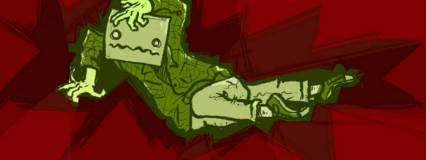 Illustration of a person with a box head being uncomfortably crushed by sharp, abstract red shapes. They look unhappy.