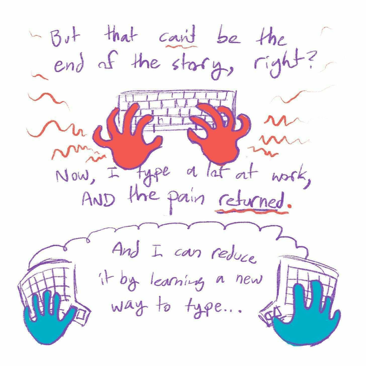 But that can't be the end of the story, right? Now, I type a lot at work, and the pain returned. And I can reduce it by learning a new way to type...