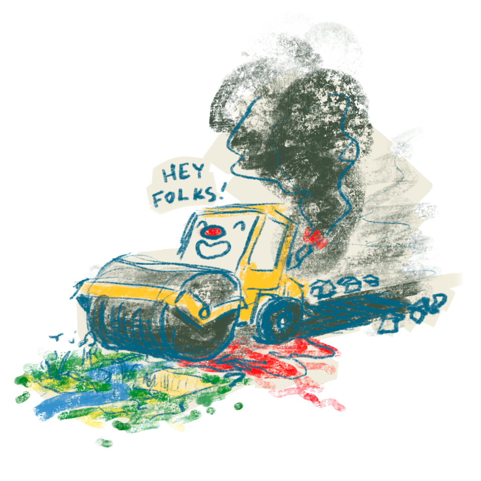 Illustration of a clown steamrolling the environment.