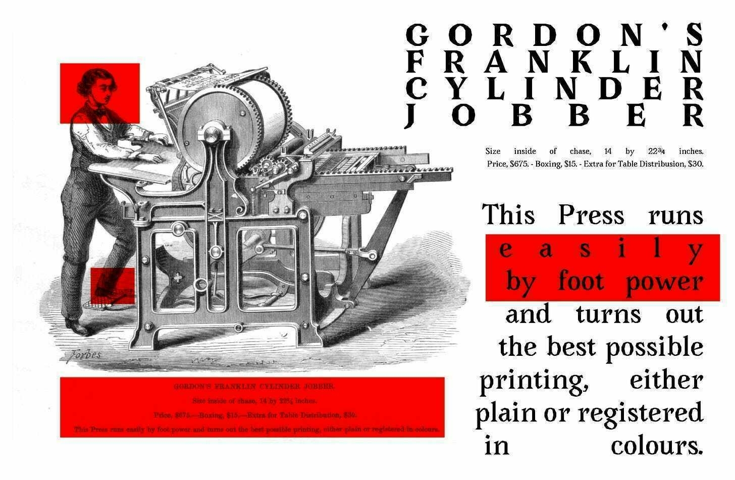 Old style illustration of a person working at a printing press. The caption has been copied larger next to the image. The name of the press, the person, and the line "easily by foot power" are highlighted in red. The full caption reads: "Gordon's Franklin Cylinder Jobber Size inside of chase, 14 by 223/4 inches. Price, $675. - Boxing, $15. - Extra for Table Distribusion, $30. This Press runs easily by foot power and turns out the best possible printing, either plain or registered in colours."