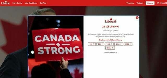 Screenshot of the liberal party website. A donation prompt and "canada strong" sign in the image.