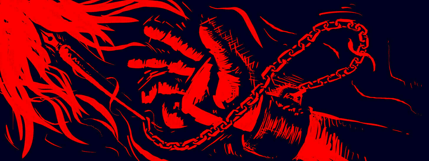 Illustration of a hand reaching for a pen that it is also shackled to with a long chain. The pen is drawing the hand toward a bright set of abstract tendrils. Red and black colours in a high-contrast style.