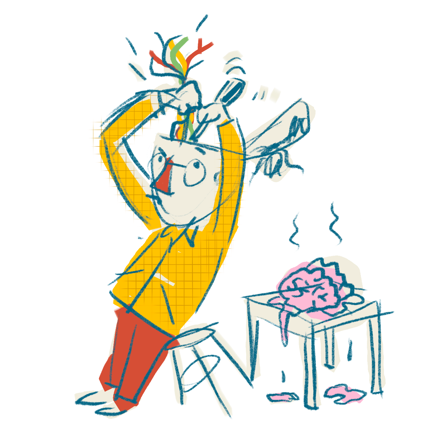 Illustration of me with my head open like it's on a hinge. My brain is on a table next to me and I'm playing with wires in my head. There's brain juice on the floor.