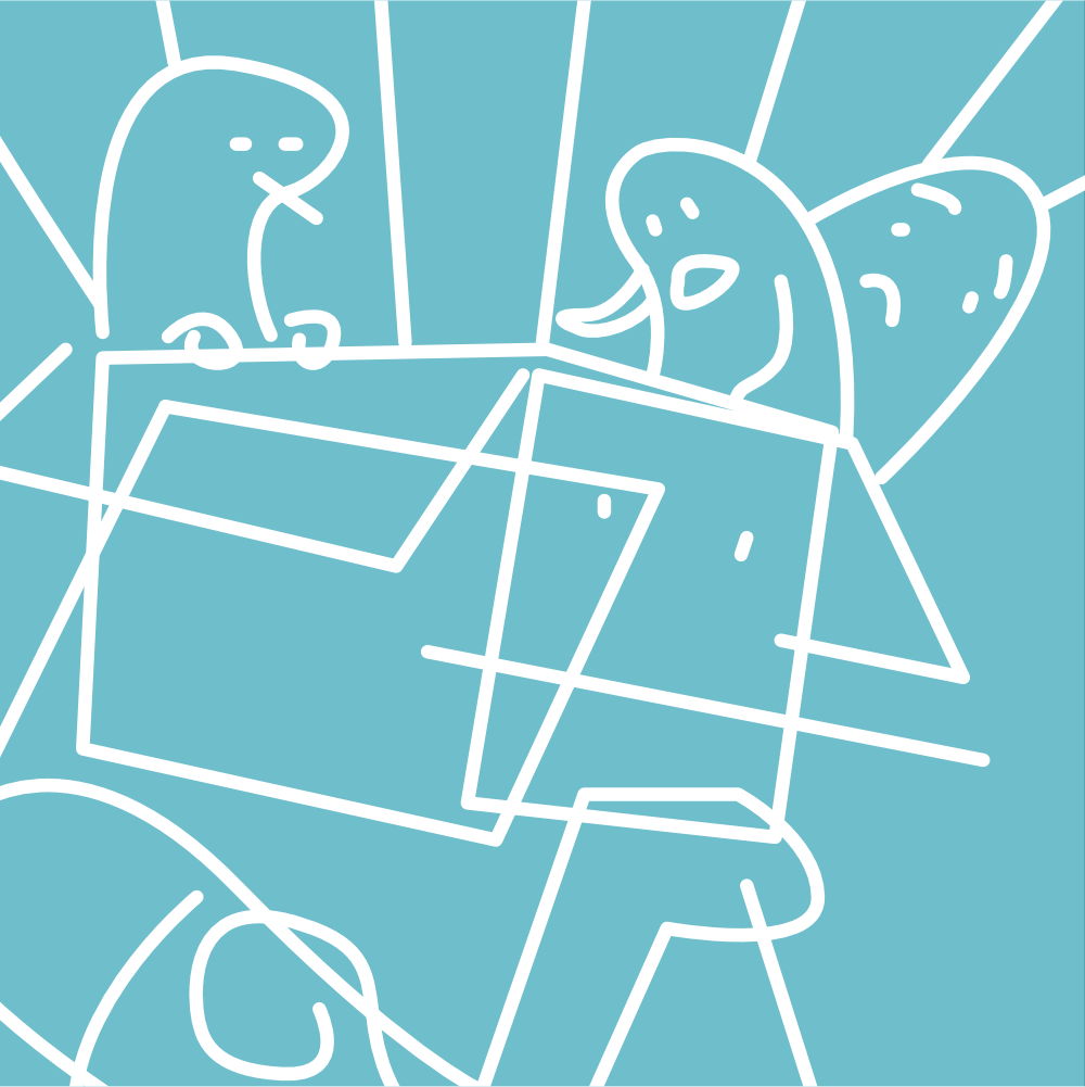 A little drawing of a guy with a box for a head and three little noodle people looking inside
