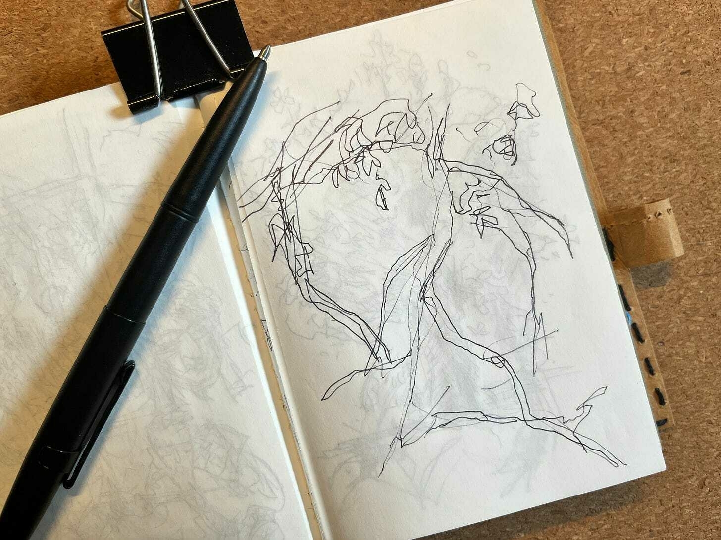 A very loose, rough sketch in a small notebook of overlapping lines. It looks vaguely like branches of trees with small leaf shapes but it has little detail and isn't very finished.