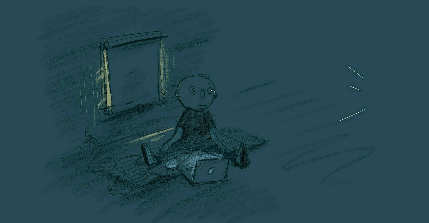 Illustration of a person sitting on the floor. It's dark, the blinds are drawn. Their phone an loptop sit in front of them. Something to the right is catching their attention.