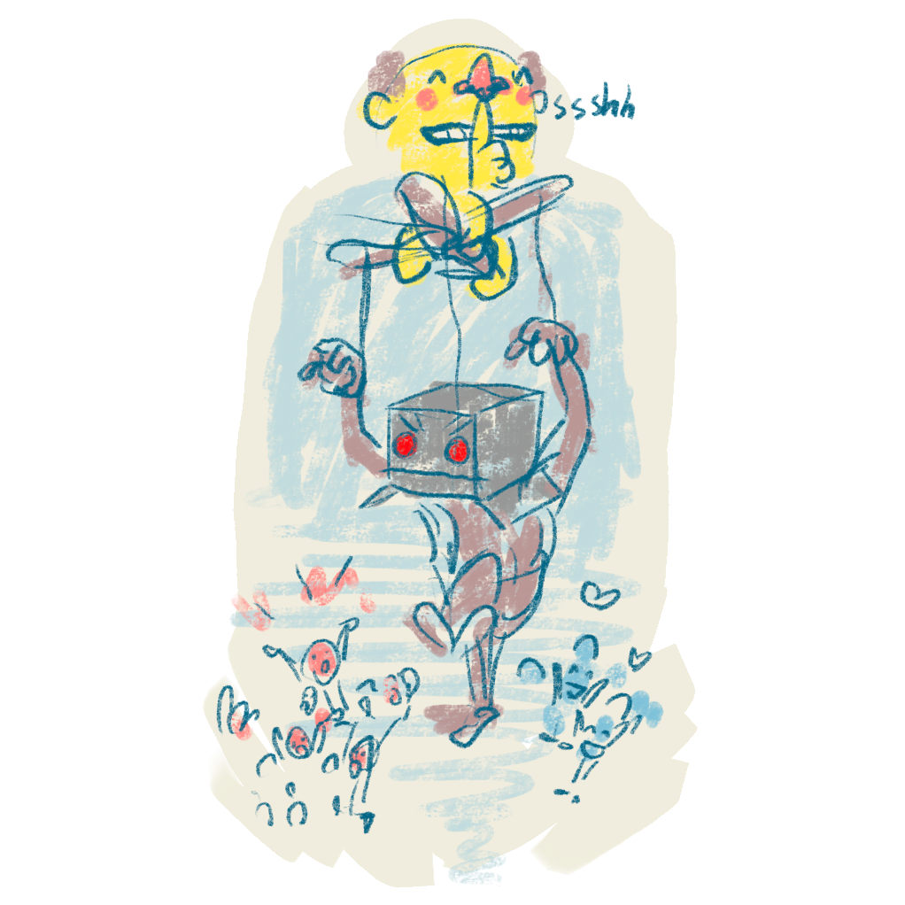 Illustration of a scary robot being puppeteered by a sneaky man.