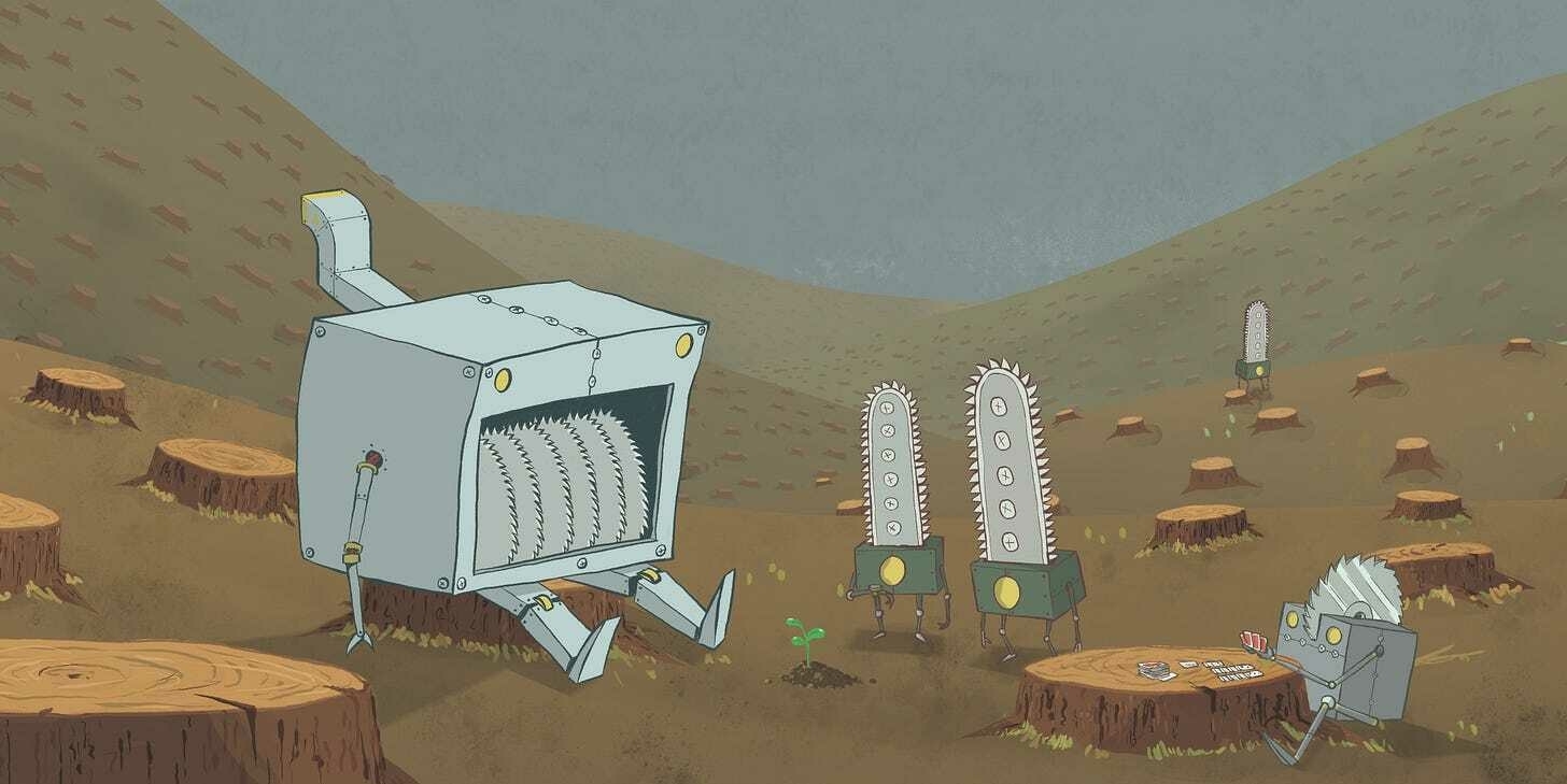 An illustration of a clearcut forest with some robots that look like saws and wood-chippers sitting around waiting for a sapling to grow.