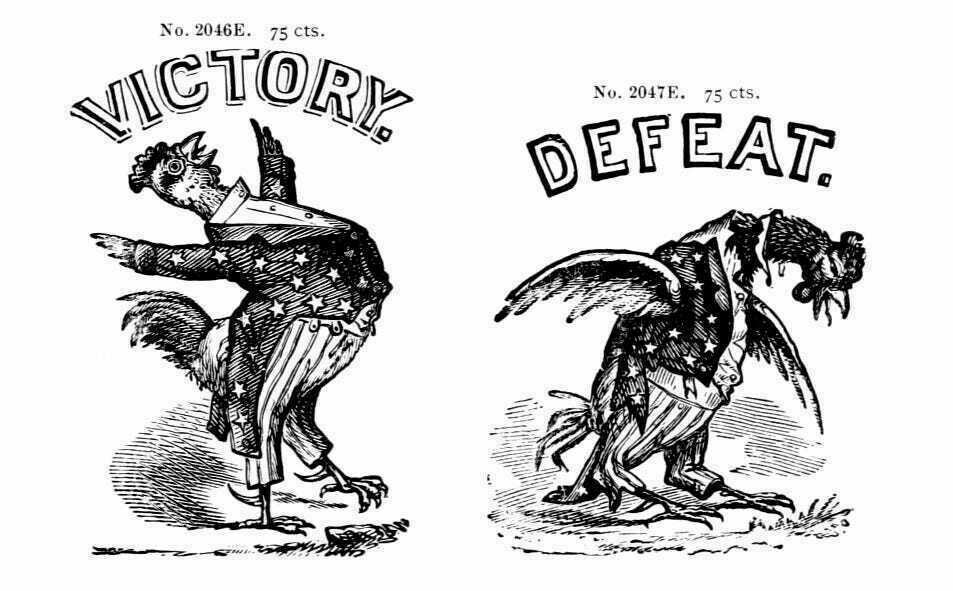 Two chickens in American Flag pattern suits. One says "Victory" and the other "Defeat"
