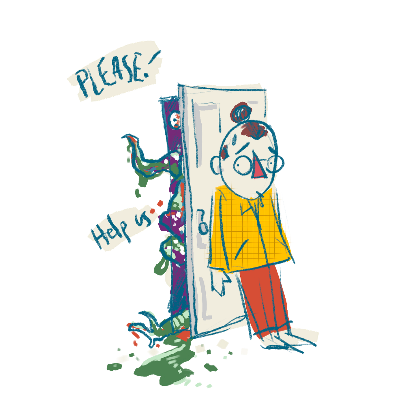 An illustration of me leaning on a door while a bunch of spooky monster parts try to push their way through. They say "please!" and "Help us!" It's a pretty simple metaphor about the unfinished projects hiding in my proverbial closet.