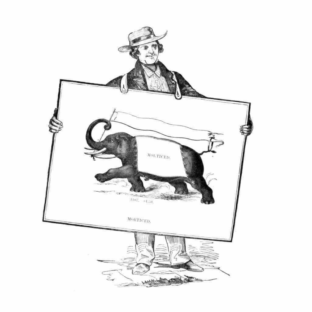 A man wearing a sign with the elephant image mentioned above on it.