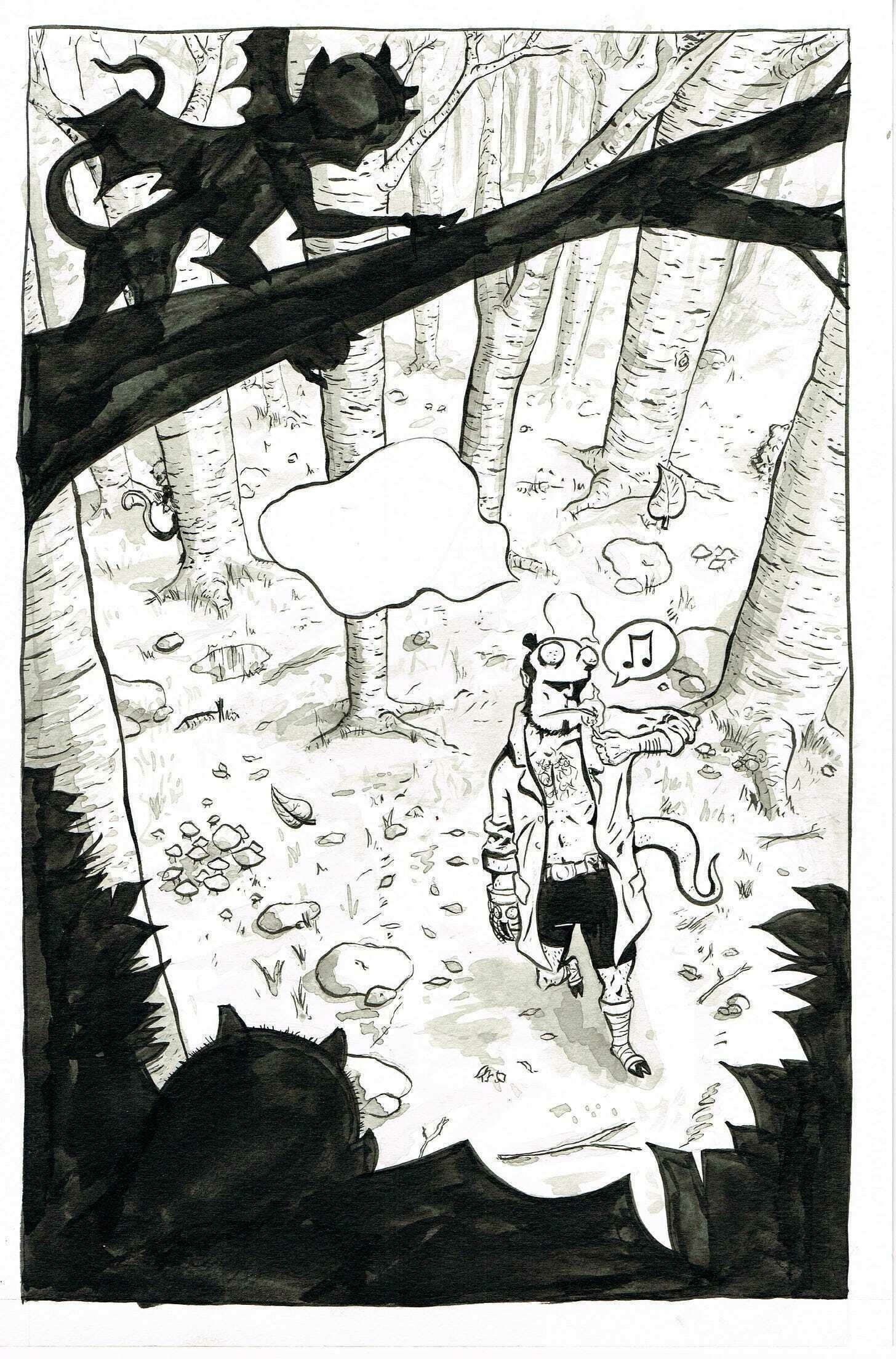 A black and white ink drawing of Hellboy walking through a forest of bare birch trees.